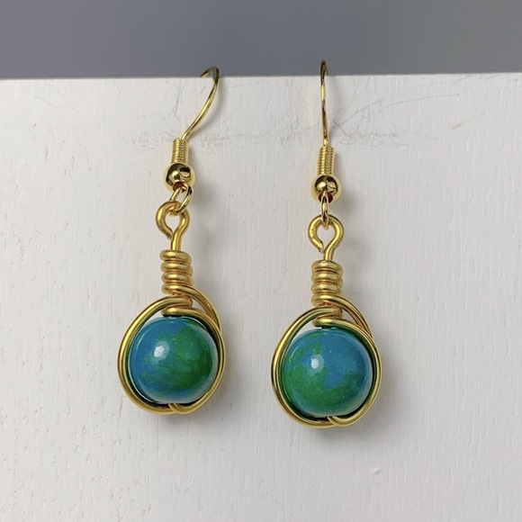 Handmade Wire Wrapped Blue & Green Bead Earrings - Picture 2 of 4